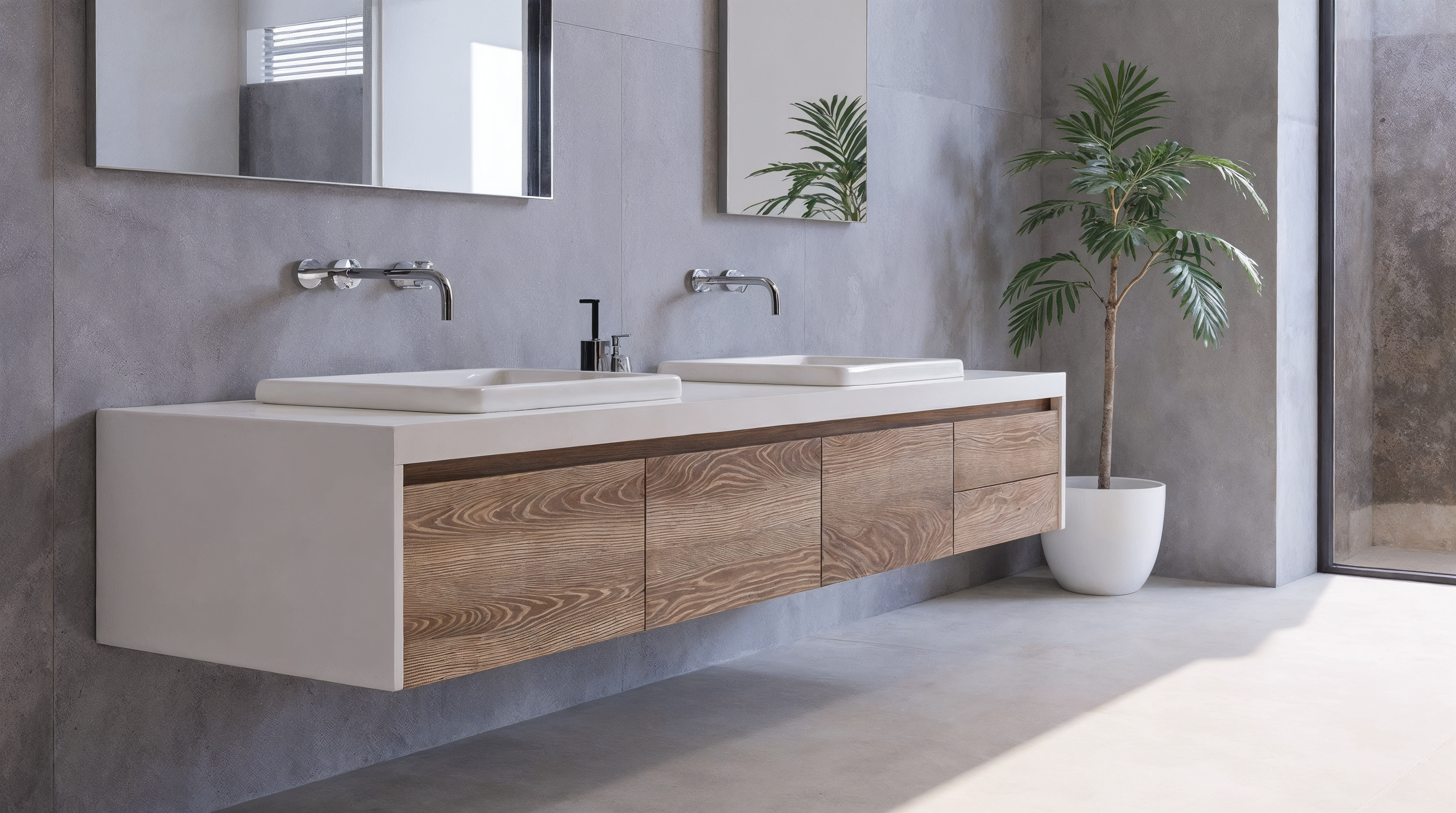 Double sink bathroom vanity with stone countertop Katy TX by Olafab Cabinetry